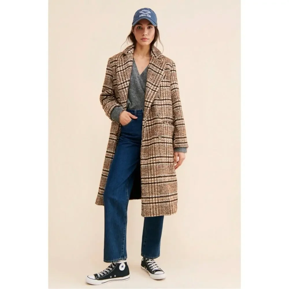 Free People Grunge Preppy Adore You Plaid Longline Wool Coat Brown Small